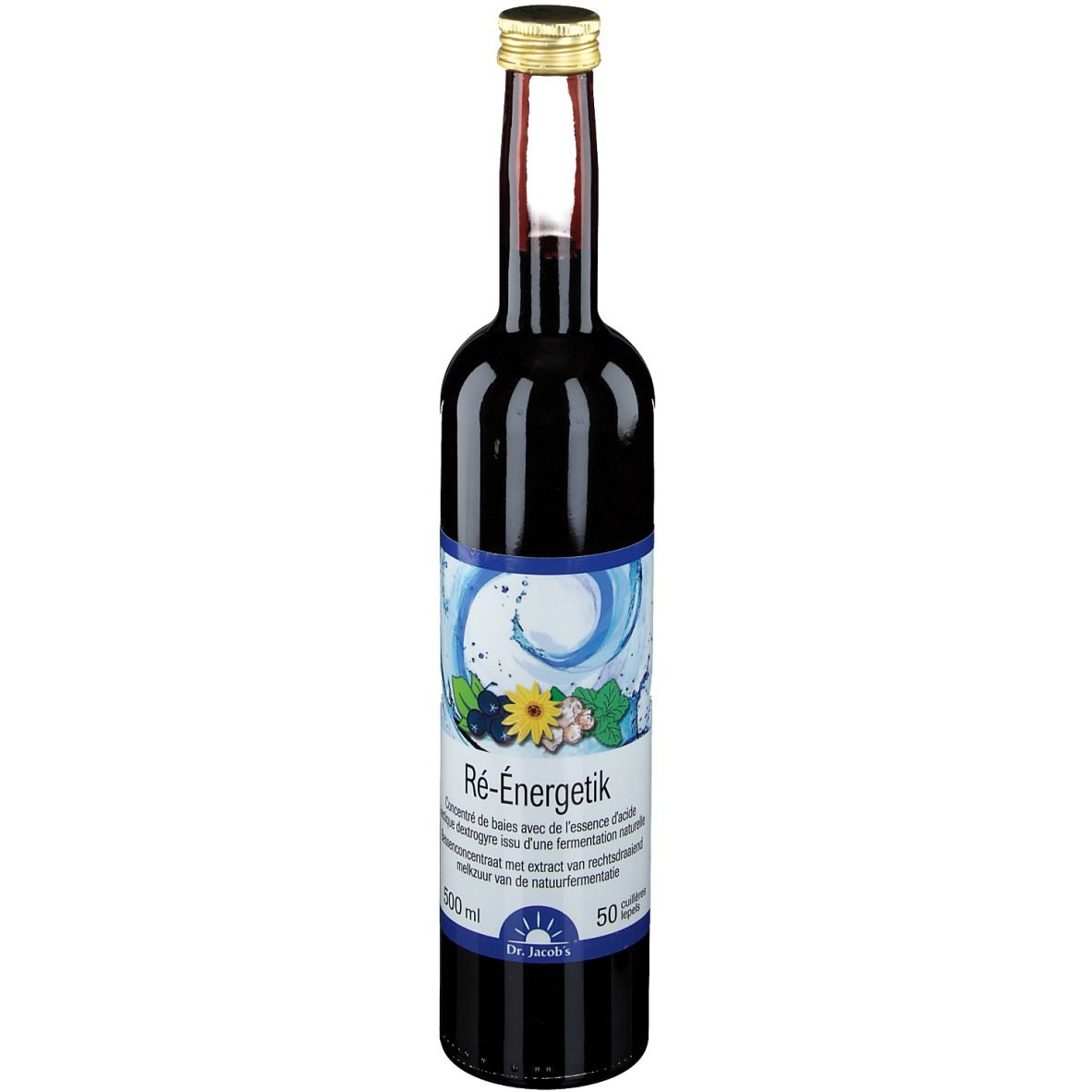 Bouteille en verre foncé avec bouchon doré. Étiquette avec nom du produit et éléments floraux. Liquide bleu visible.