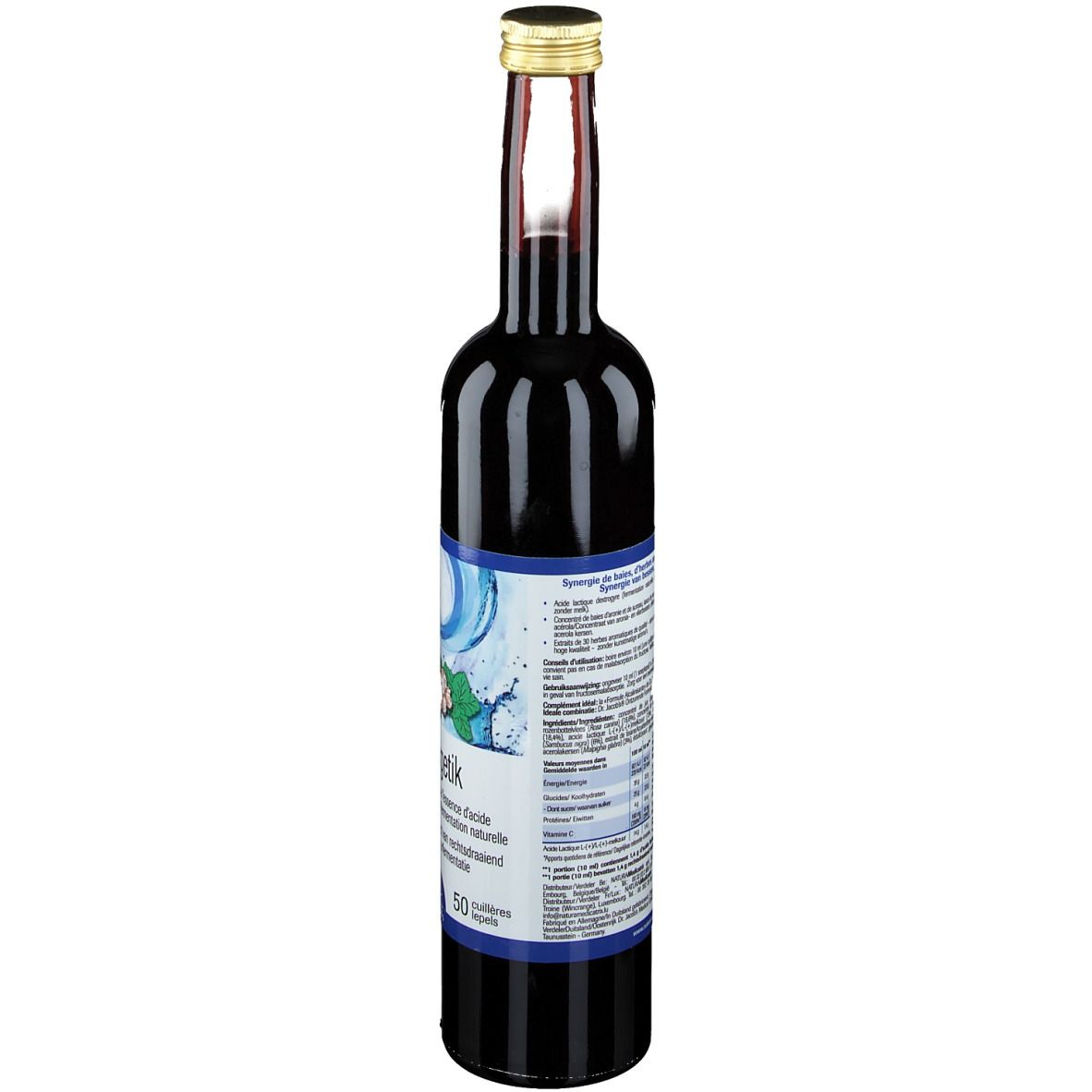 Dos de la bouteille en verre foncé. Étiquette avec informations nutritionnelles et ingrédients. Bouchon doré.