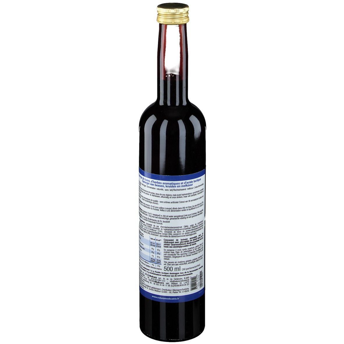 Vue arrière de la bouteille en verre. Étiquette avec informations produit et nutritionnelles. Bouchon doré.