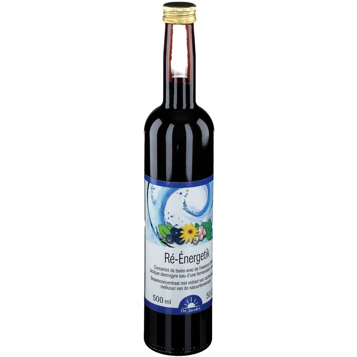 Bouteille en verre foncé avec bouchon doré. Étiquette avec nom du produit et éléments floraux. Liquide bleu visible.