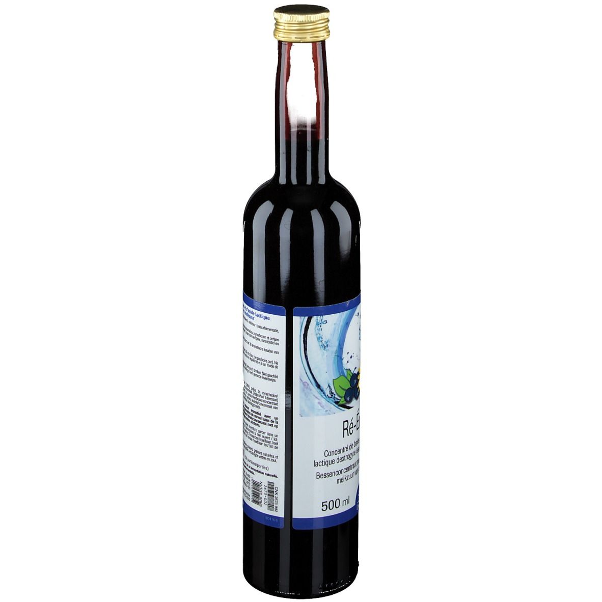 Bouteille en verre foncé avec bouchon doré. Étiquette avec nom du produit et éléments floraux. Liquide bleu visible.