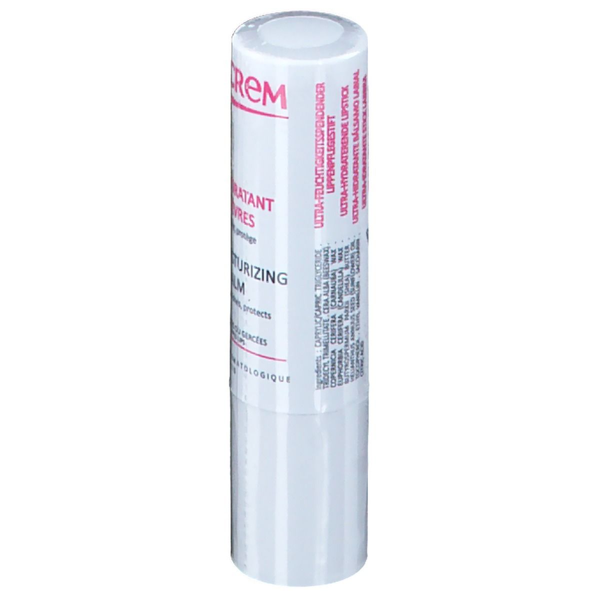 Witte lippenbalsem stick. Tekst in verschillende talen op de zijkant, waaronder ULTRA-HYDRATANT STICK LÈVRES en ULTRA-HYDRATERENDE LIPSTICK.