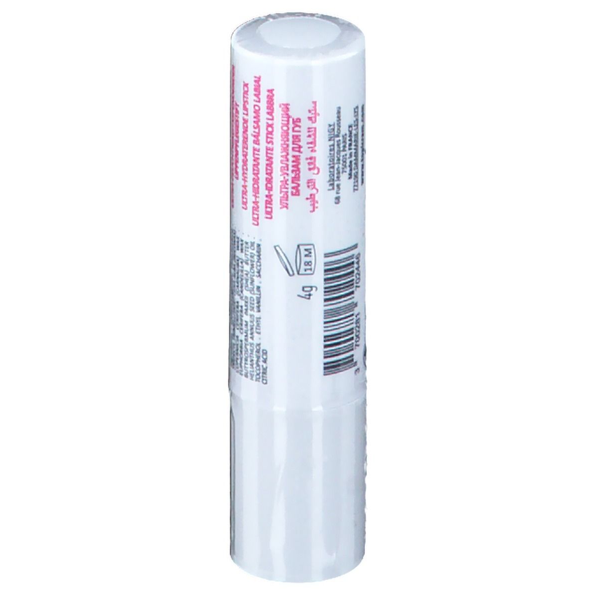 Witte lippenbalsem stick. Tekst in verschillende talen op de zijkant, waaronder ULTRA-HYDRATANT STICK LÈVRES en Arabisch schrift.