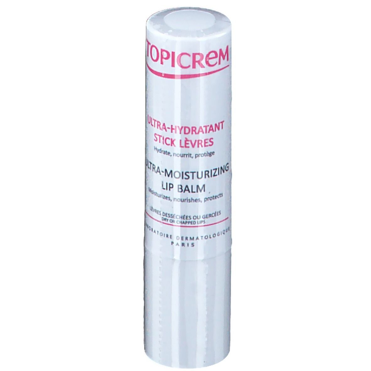Witte lippenbalsem stick met rode tekst. Boven staat TOPICREM, daaronder ULTRA-HYDRATANT STICK LÈVRES en ULTRA-MOISTURIZING LIP BALM.