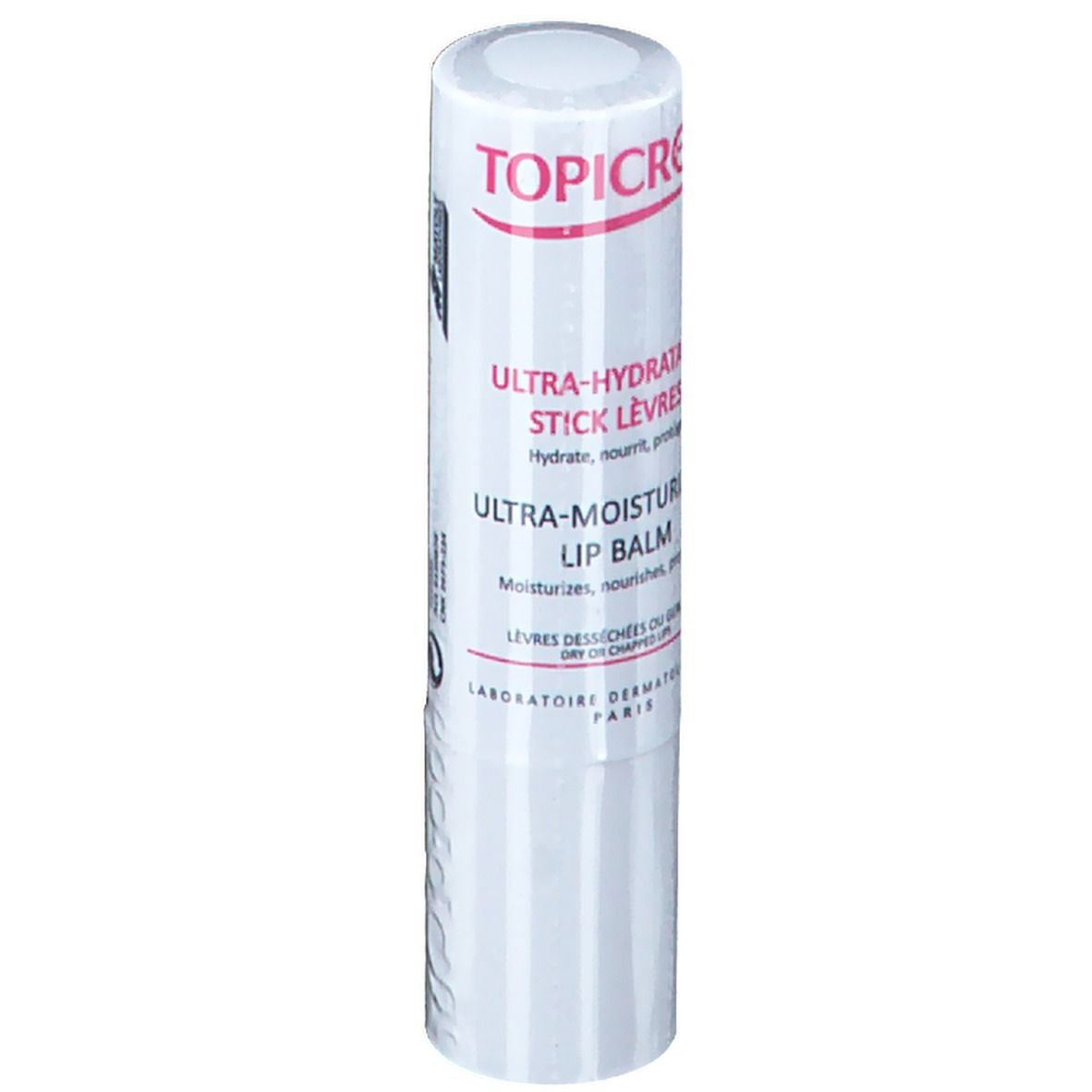 Witte lippenbalsem stick met rode tekst. Boven staat TOPICREM, daaronder ULTRA-HYDRATANT STICK LÈVRES en ULTRA-MOISTURIZING LIP BALM.