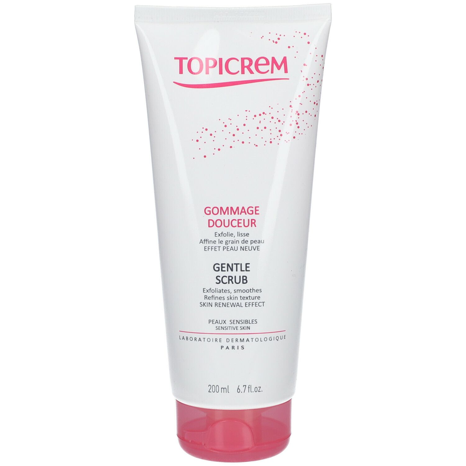 Tube blanc avec détails roses. Logo TOPICREM. Texte: Gommage Douceur, Gentle Scrub. Pour peaux sensibles. 200 ml.