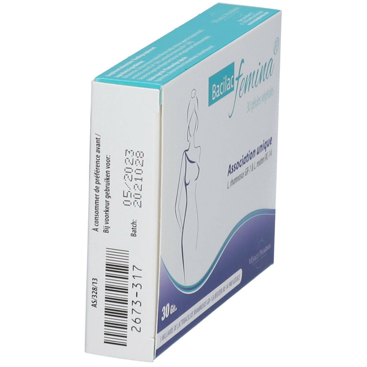 Zijkant doos Bacilac femina®. 30 capsules. Ten minste houdbaar tot 05/2023. Batchnummer 2673-317.