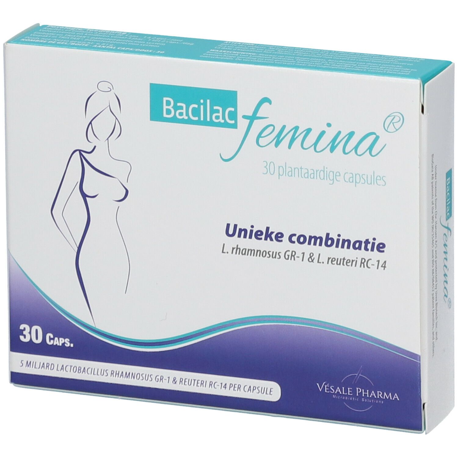Doos Bacilac femina®. 30 capsules. Unieke combinatie L. rhamnosus GR-1 & L. reuteri RC-14. Vesale Pharma.