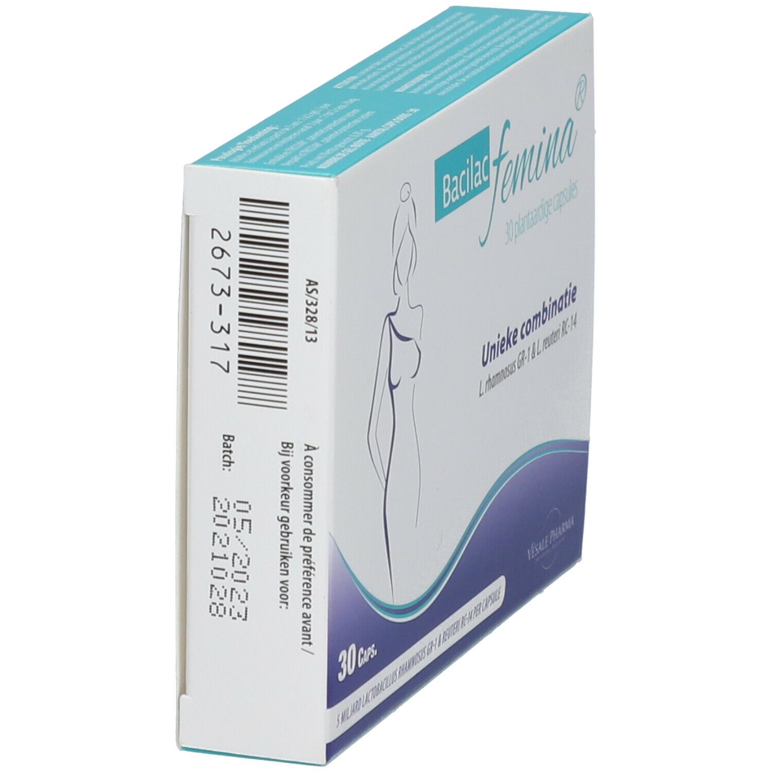Zijkant doos Bacilac femina®. 30 capsules. Ten minste houdbaar tot 05/2023. Batchnummer 2673-317.