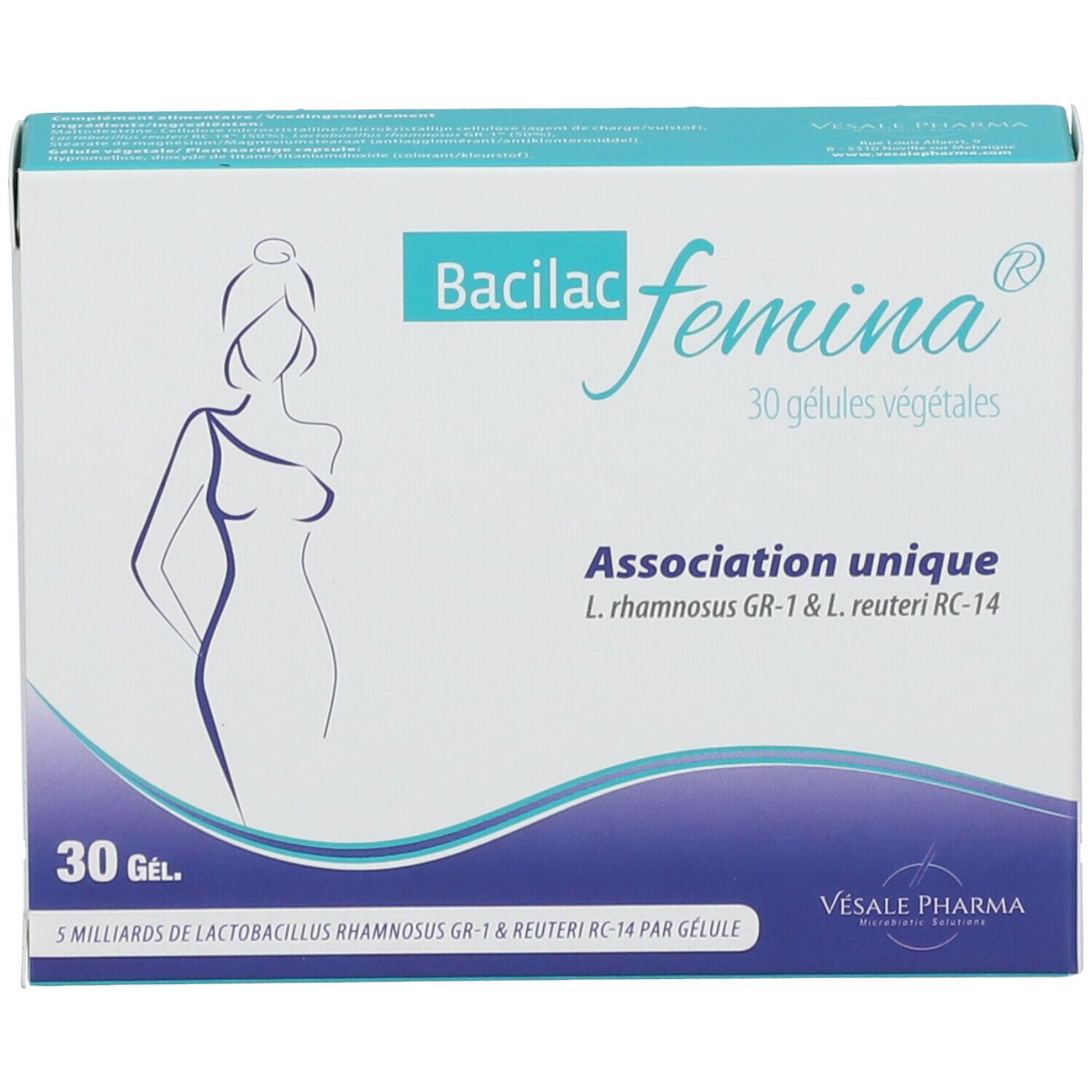 Doos Bacilac femina®. 30 capsules. Unieke combinatie L. rhamnosus GR-1 & L. reuteri RC-14. Vesale Pharma.