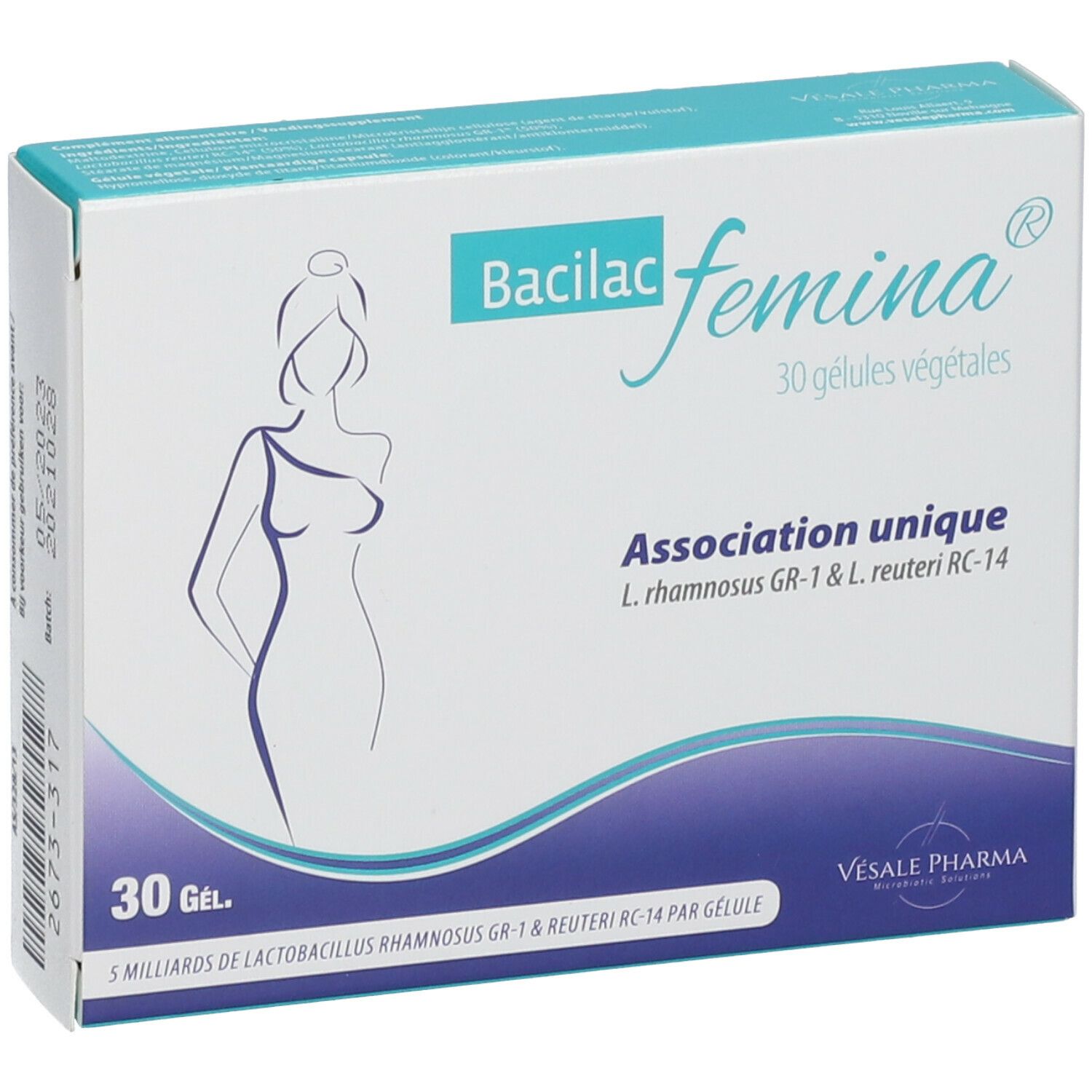 Zijkant doos Bacilac femina®. 30 capsules. Ten minste houdbaar tot 05/2023. Batchnummer 2673-317.