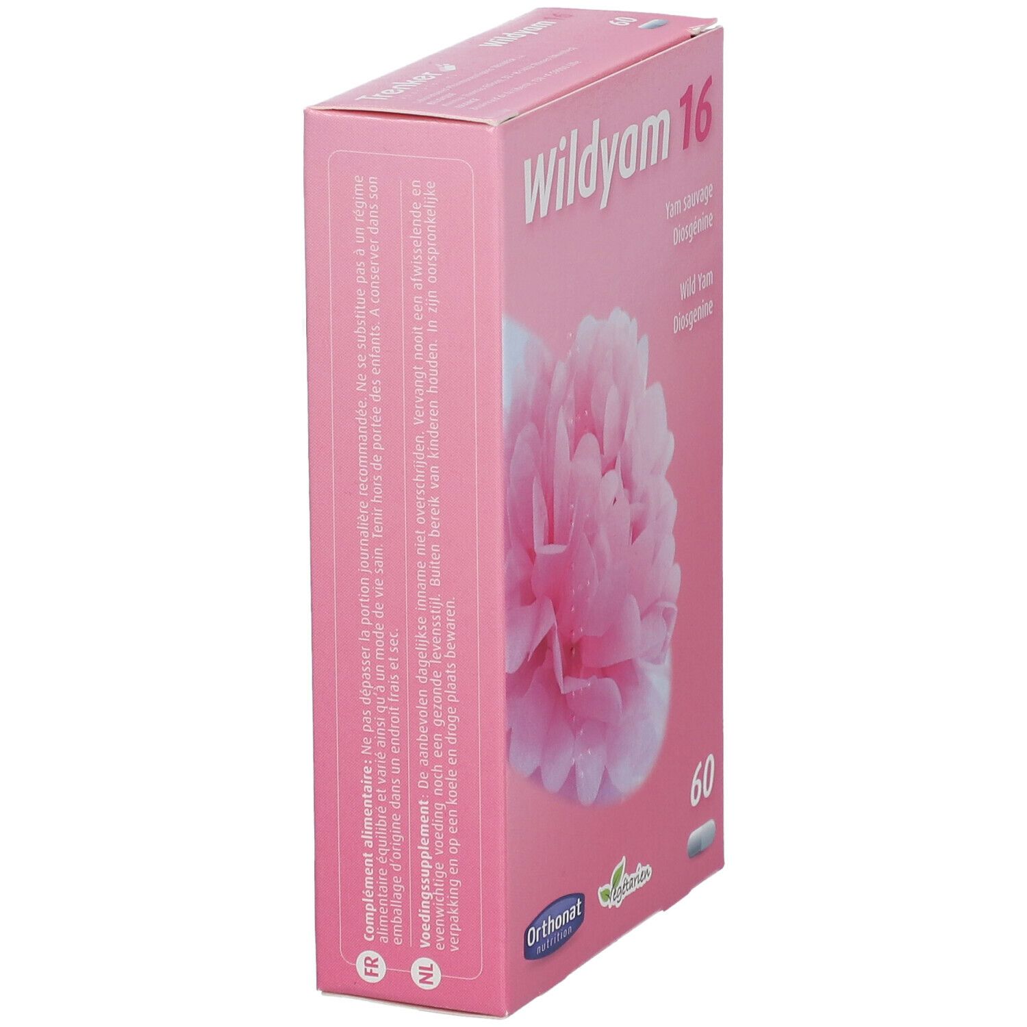 Boîte rose "Wildyam 16" avec motif floral. Texte en français et néerlandais. Marque : Orthonat nutrition.