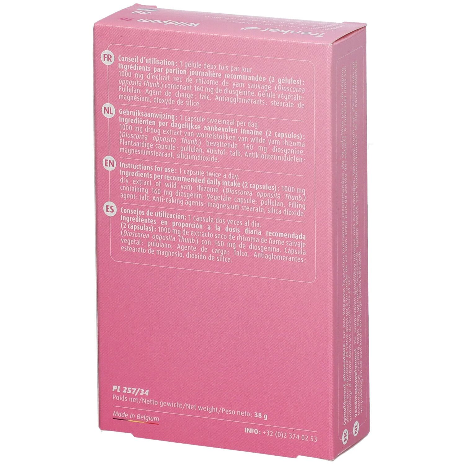 Dos d'une boîte rose avec texte multilingue. Contient des informations sur les ingrédients et l'utilisation.
