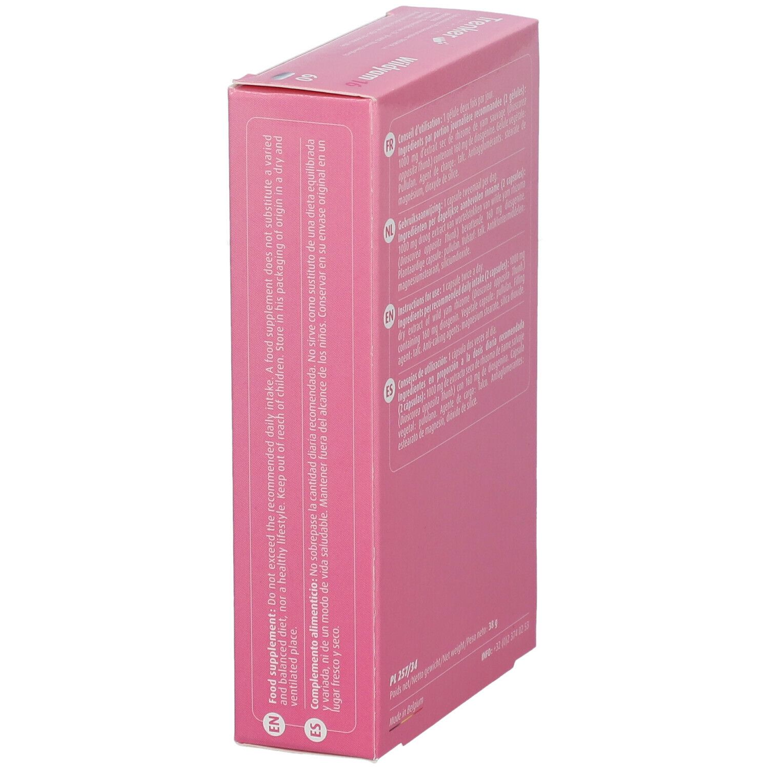 Côté d'une boîte rose avec texte en anglais et espagnol. Contient des informations sur la dose quotidienne recommandée.