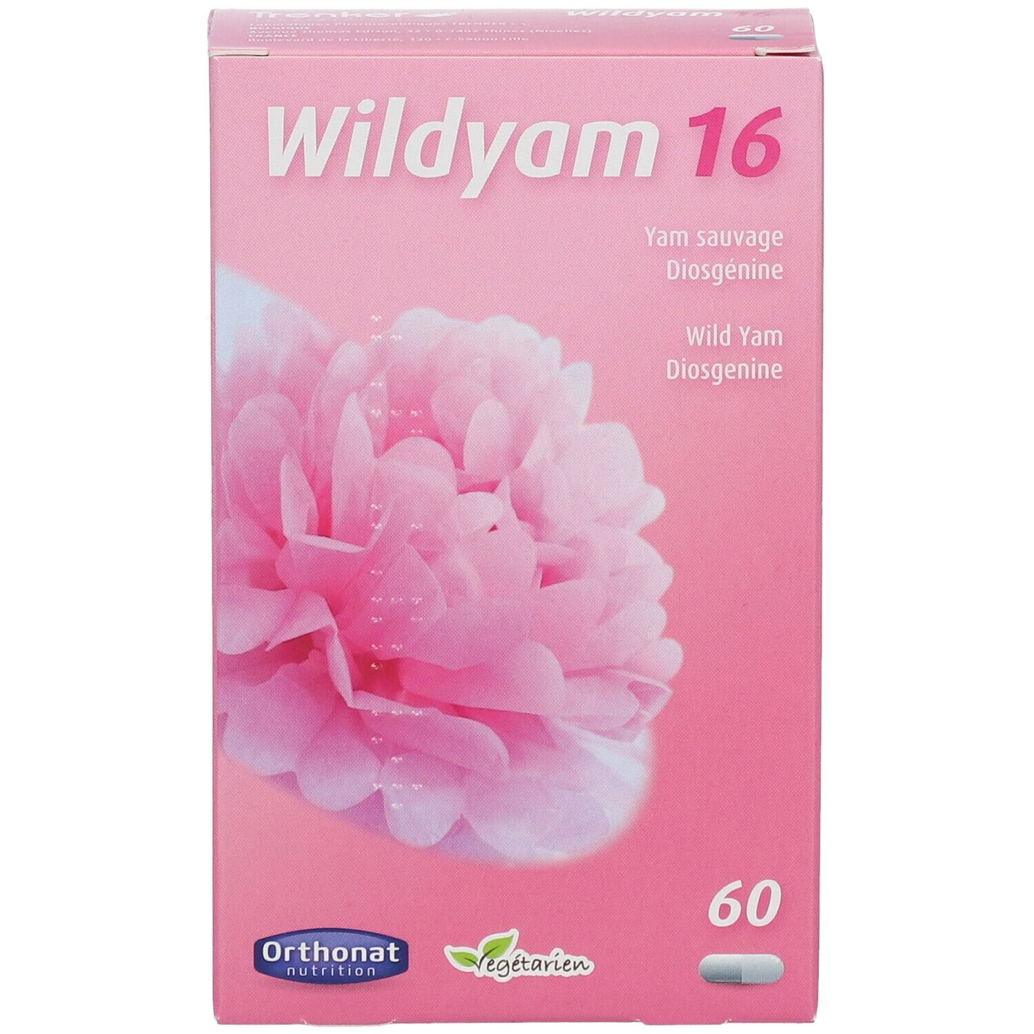 Boîte rose "Wildyam 16" avec motif floral et 60 gélules. Marque : Orthonat nutrition. Végétarien.
