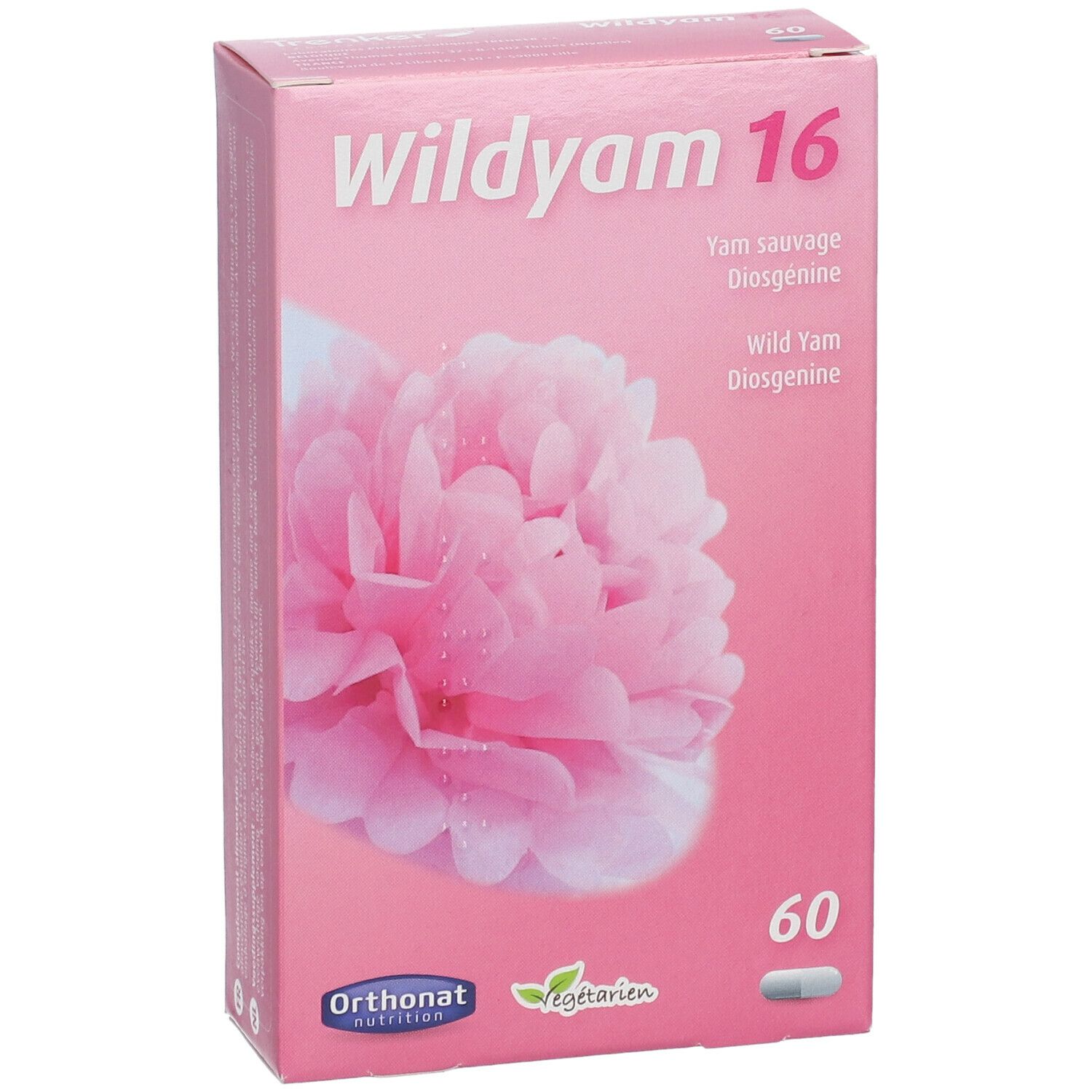 Boîte rose "Wildyam 16" avec motif floral et 60 gélules. Marque : Orthonat nutrition. Végétarien.