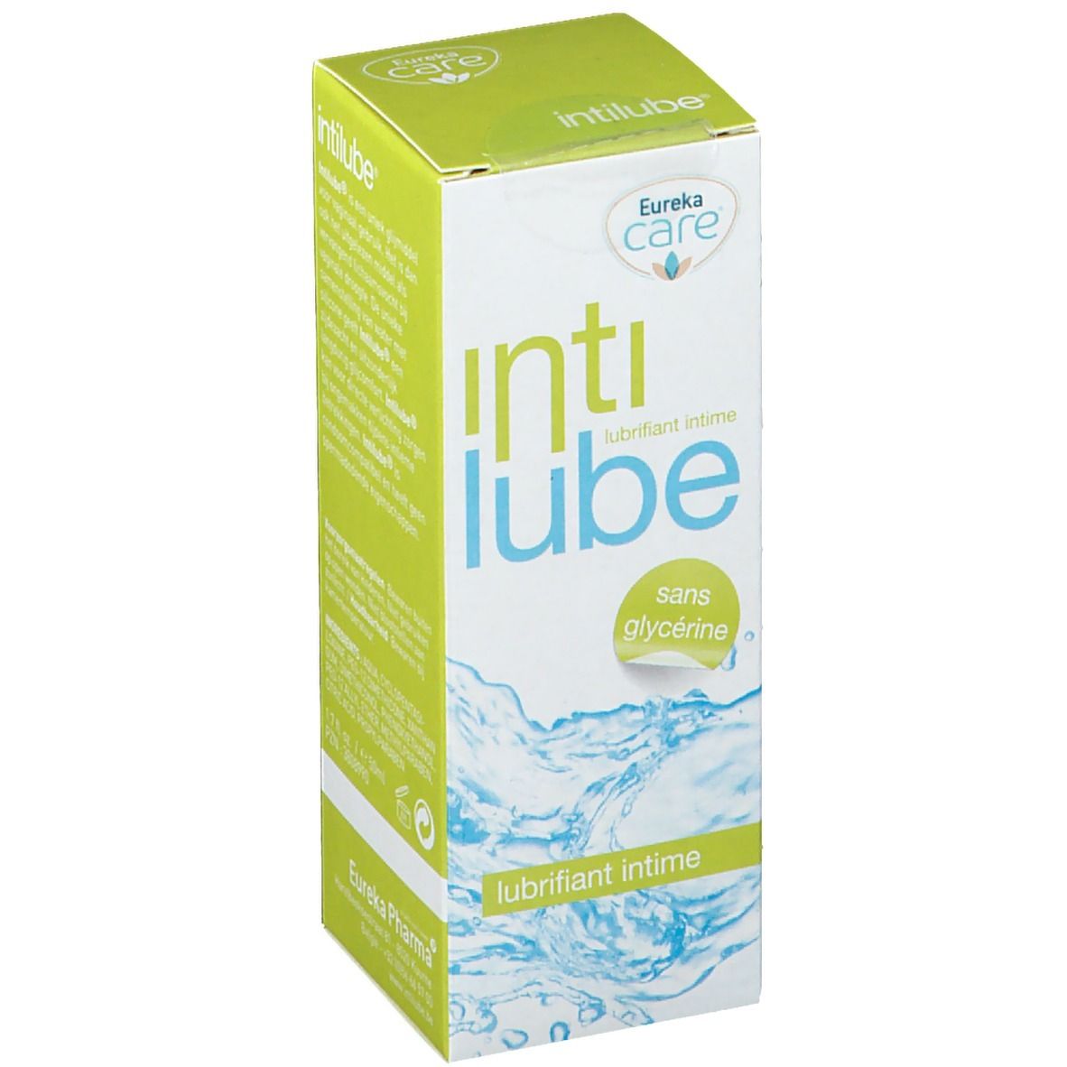 Boîte en carton Intilube, marque Eureka Care. Inscription : sans glycérine, lubrifiant intime. Design vert et blanc avec motif d'eau.