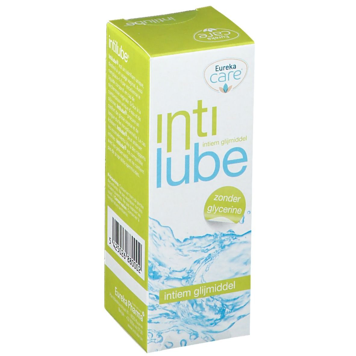 Boîte Intilube, marque Eureka Care. Inscription : zonder glycerine, intiem glijmiddel. Design vert et blanc avec motif d'eau et code-barres.