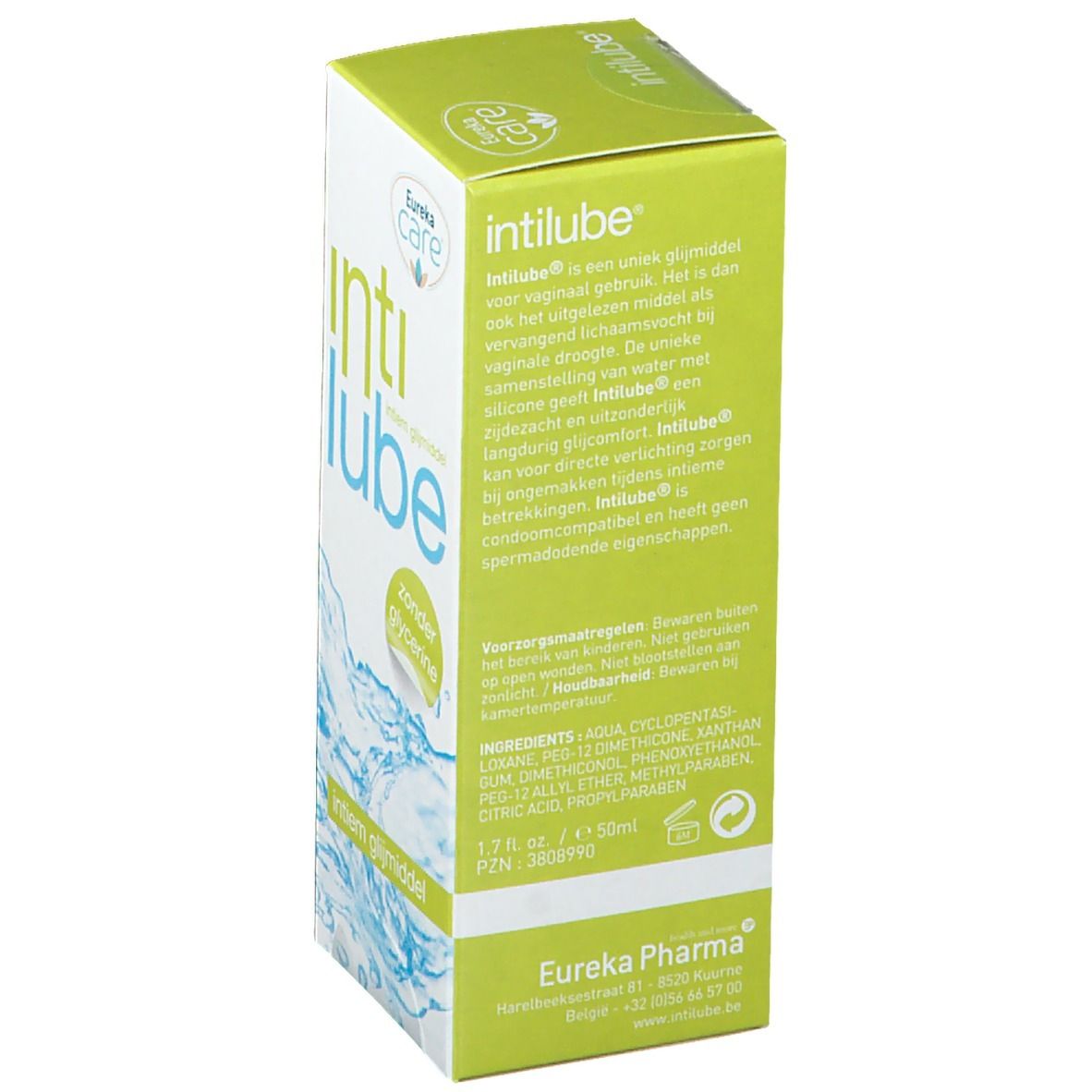 Dos de la boîte Intilube. Texte en néerlandais. Contient des informations sur le produit, les ingrédients et le fabricant. Logo Eureka Pharma.
