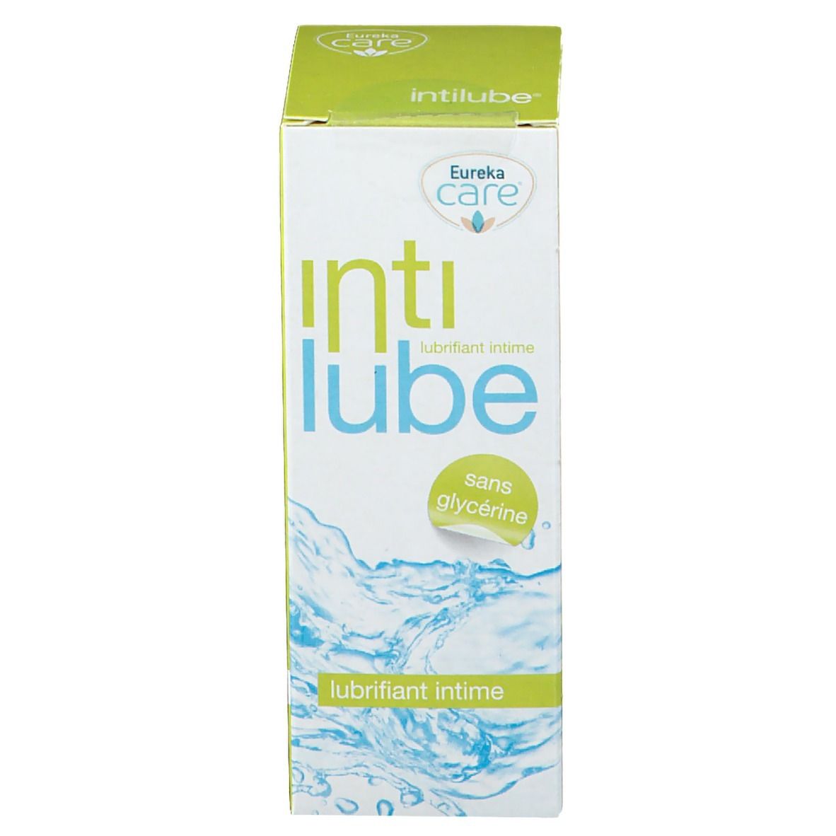 Boîte en carton Intilube, marque Eureka Care. Inscription : sans glycérine, lubrifiant intime. Design vert et blanc avec motif d'eau.