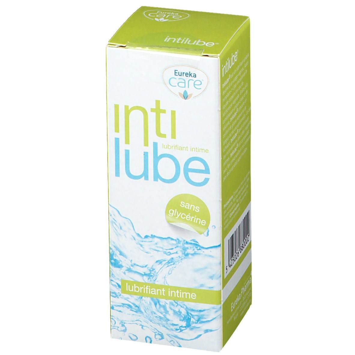 Boîte Intilube, marque Eureka Care. Inscription : sans glycérine, lubrifiant intime. Design vert et blanc avec motif d'eau et code-barres.