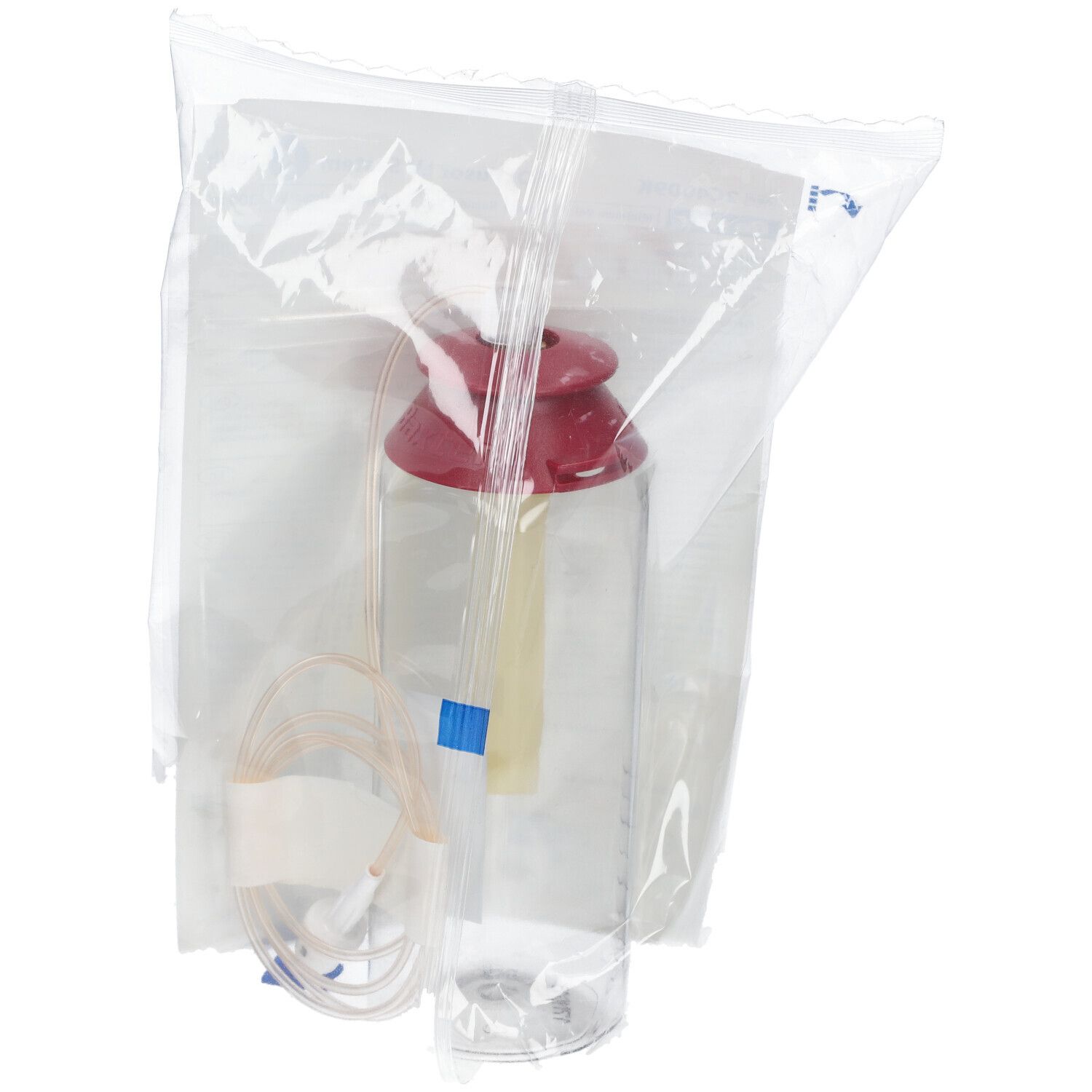 Infusionspumpe in transparenter Verpackung. Roter Verschluss, transparente Flasche, Schläuche und blaue Markierung.