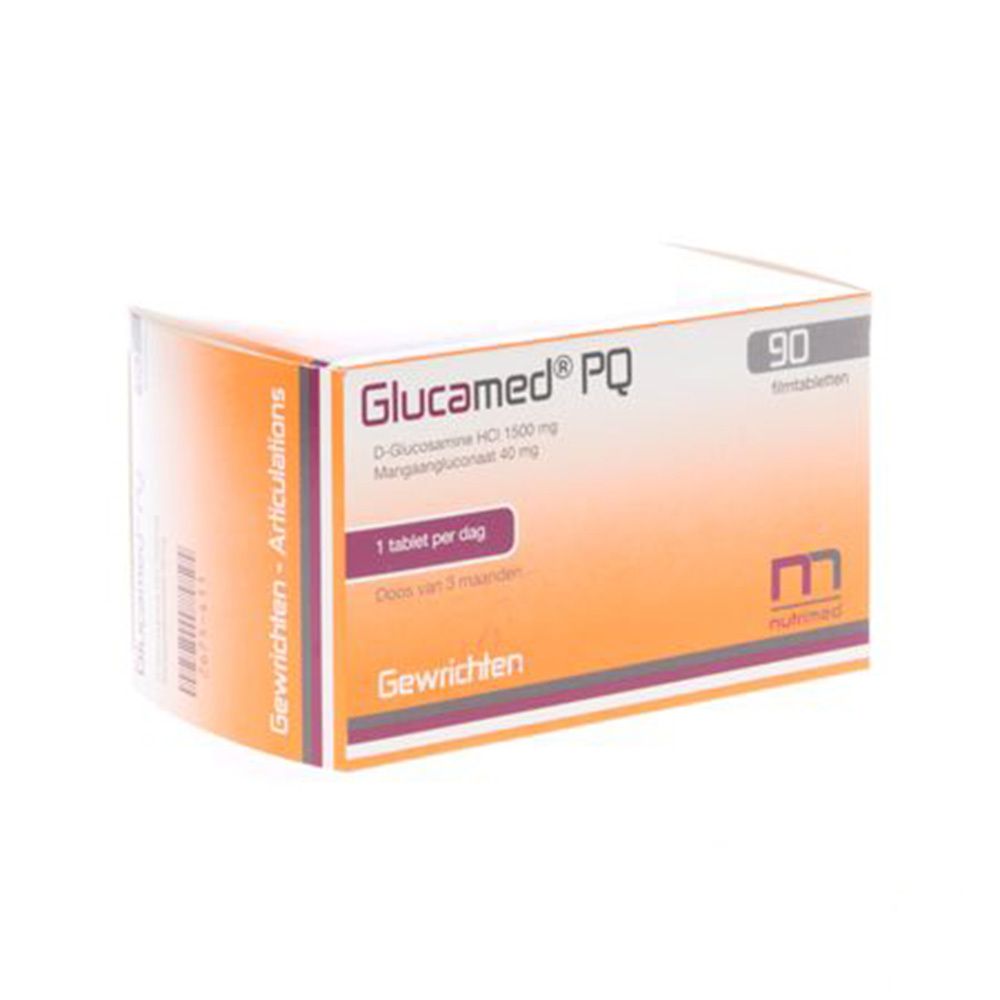 Doos met 90 filmtabletten. Opschrift Glucamed PQ, ingrediënten en dosering. Oranje-wit design.