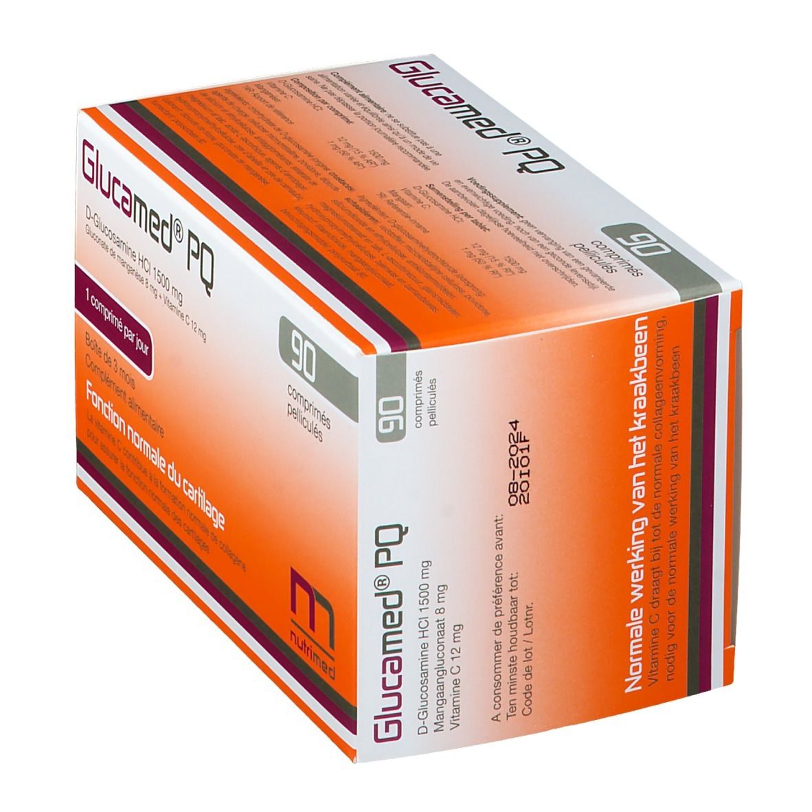 Boîte de 90 comprimés pelliculés. Inscription Glucamed PQ, ingrédients et posologie. Design orange et blanc.