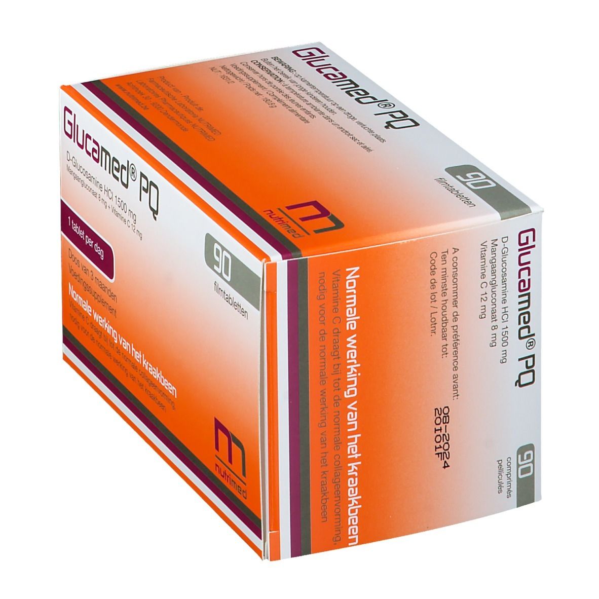 Boîte de 90 comprimés pelliculés. Inscription Glucamed PQ, ingrédients et posologie. Design orange et blanc.
