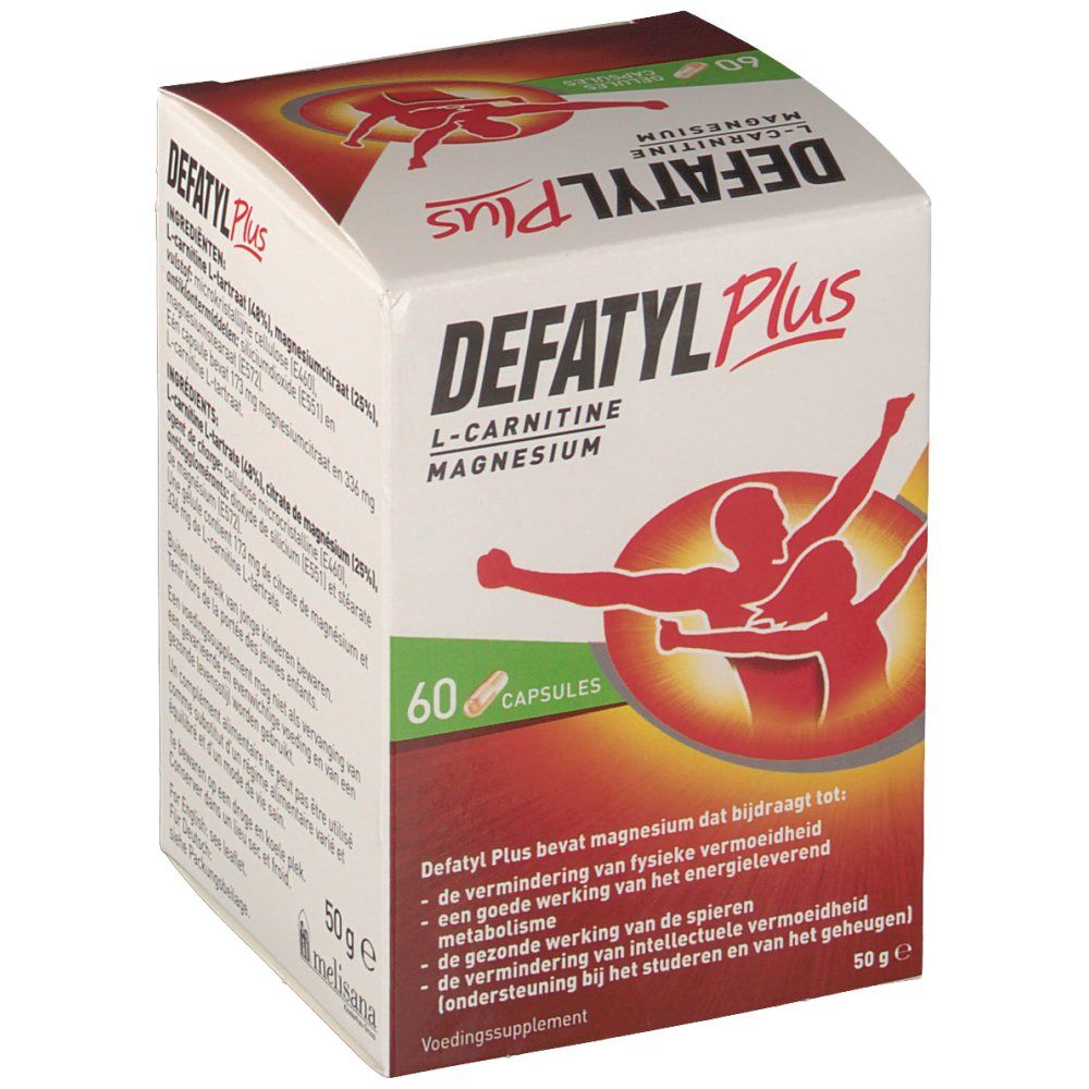 Vue latérale de la boîte "Defatyl Plus". Inscription : L-Carnitine, Magnésium. 60 gélules. Emballage rouge et blanc.