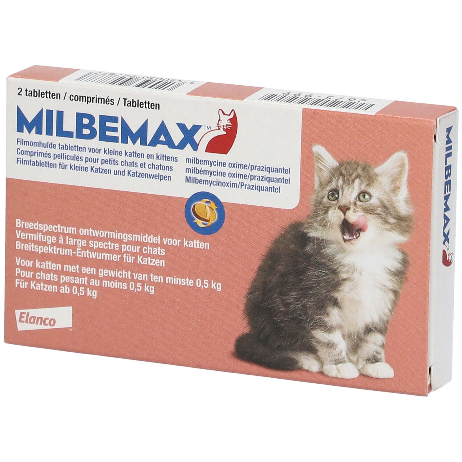 Boîte de 2 comprimés. Inscription MILBEMAX, chat, texte en allemand, français, néerlandais. Image : chaton.