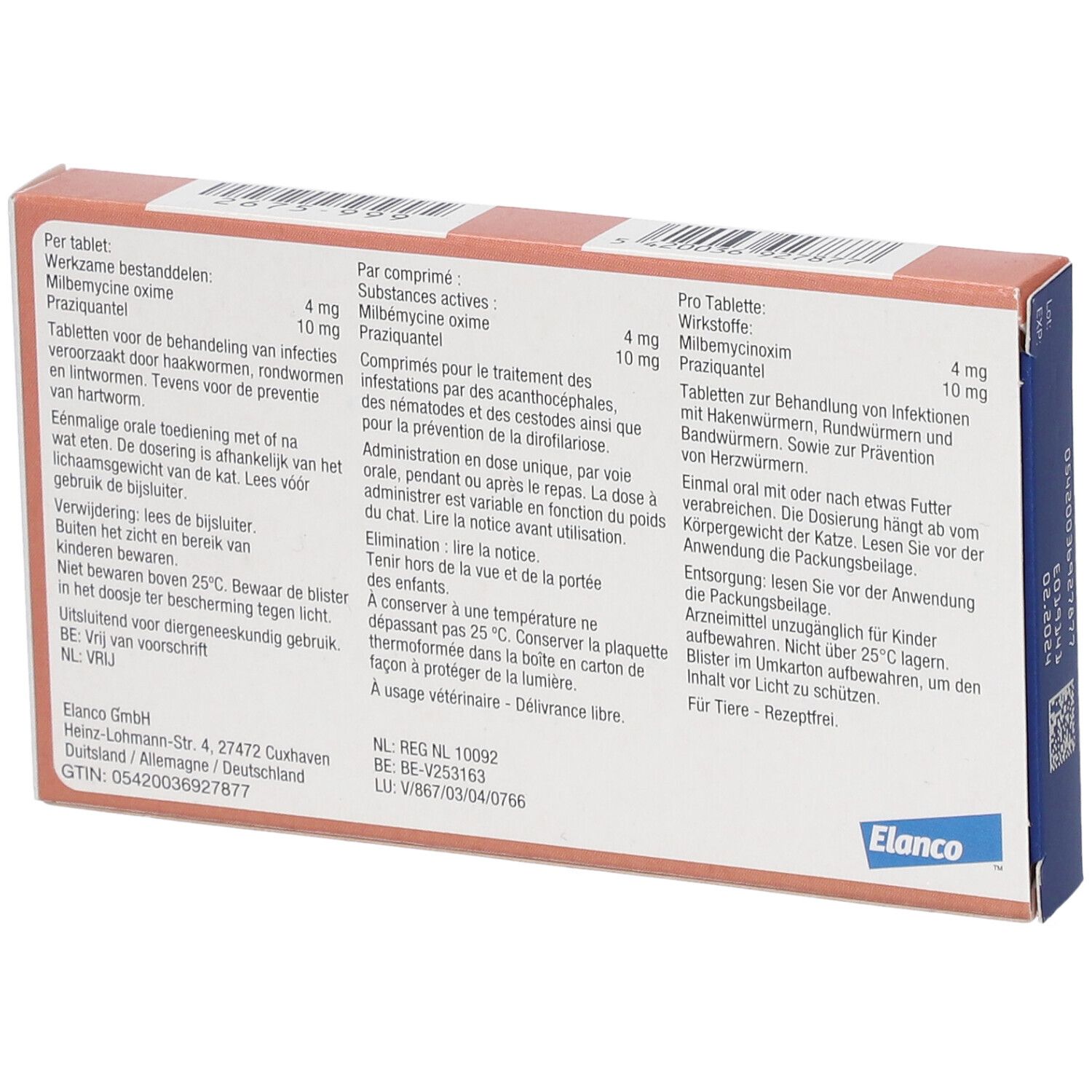 Dos de l'emballage. Texte en allemand, français, néerlandais. Ingrédients actifs, dosage, avertissements, informations fabricant.