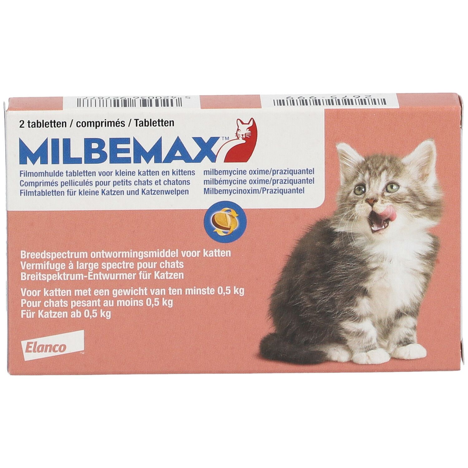 Boîte de 2 comprimés. Inscription MILBEMAX, chat, texte en allemand, français, néerlandais. Image : chaton.