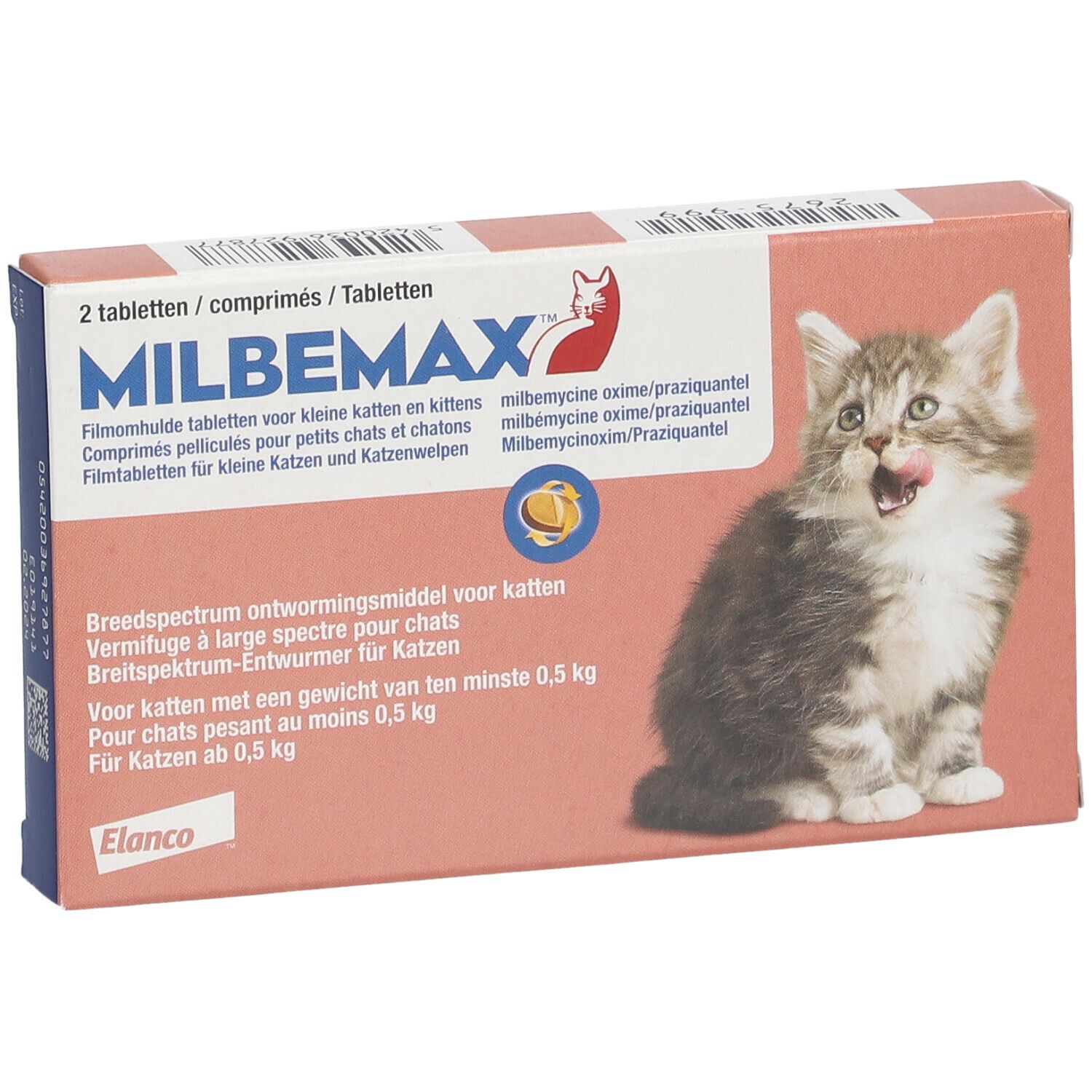 Boîte de 2 comprimés. Inscription MILBEMAX, chat, texte en allemand, français, néerlandais. Image : chaton.