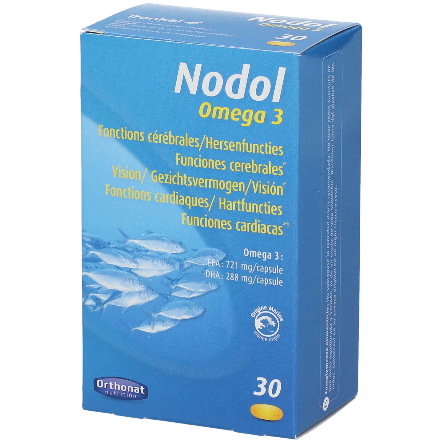 Blauwe en witte doos met Nodol Omega 3. Bevat 30 capsules. Meertalige tekst. Illustratie van vissen.