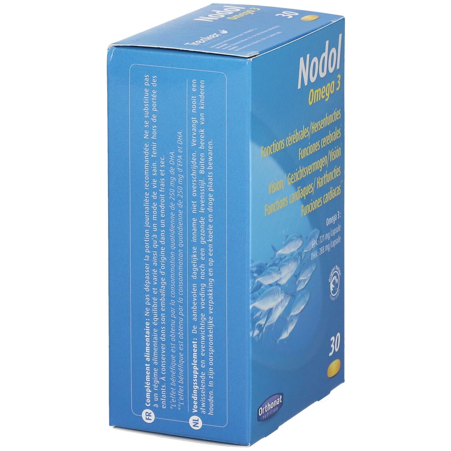 Blauwe doos Nodol Omega 3. Meertalige tekst. Bevat 30 capsules. Marine kwaliteitslabel.