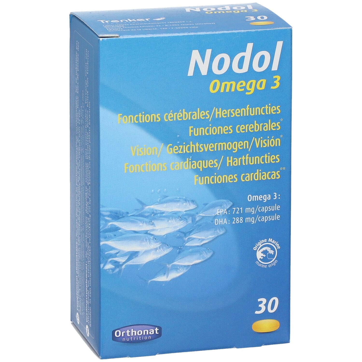 Blauwe doos Nodol Omega 3. Bevat 30 capsules. Meertalige tekst. Illustratie van vissen.
