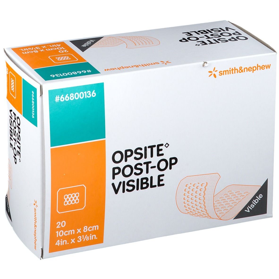 Boîte Opsite Post-Op Visible. Contient 20 pansements de 10x8cm. Marque Smith & Nephew. Image du produit visible.
