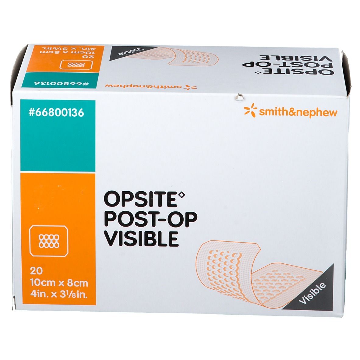 Boîte Opsite Post-Op Visible. 20 pansements, 10x8cm. Marque Smith & Nephew. Vue de dessus de l'emballage.