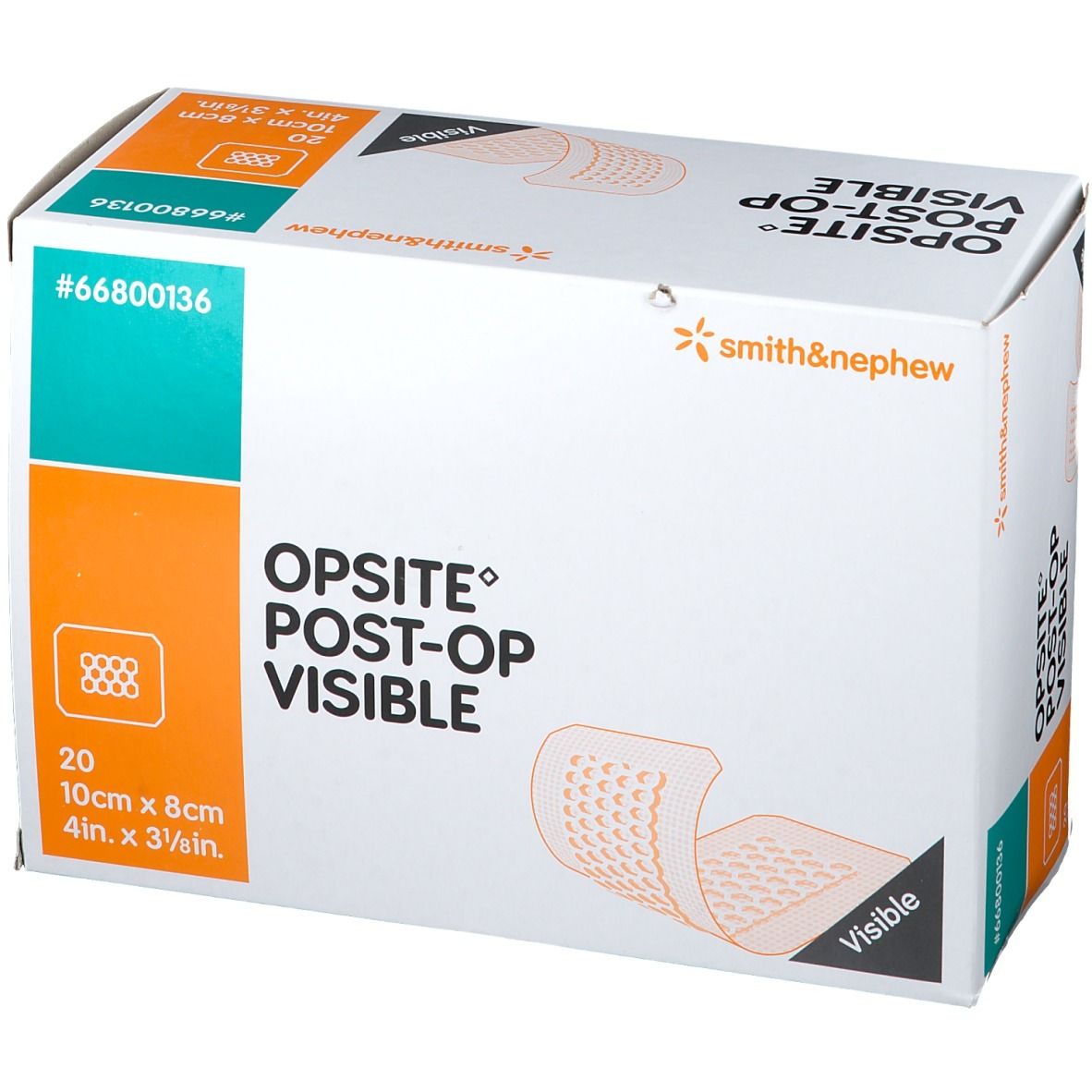 Boîte Opsite Post-Op Visible. 20 pansements, 10x8cm. Marque Smith & Nephew. Vue en biais de l'emballage.