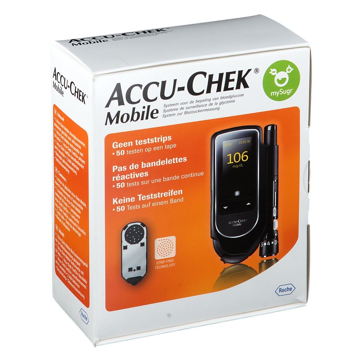 Accu-Chek Mobile startkit. Doos met bloedglucosemeter, teststrips, vingerprikker. Display: 106 mg/dl.