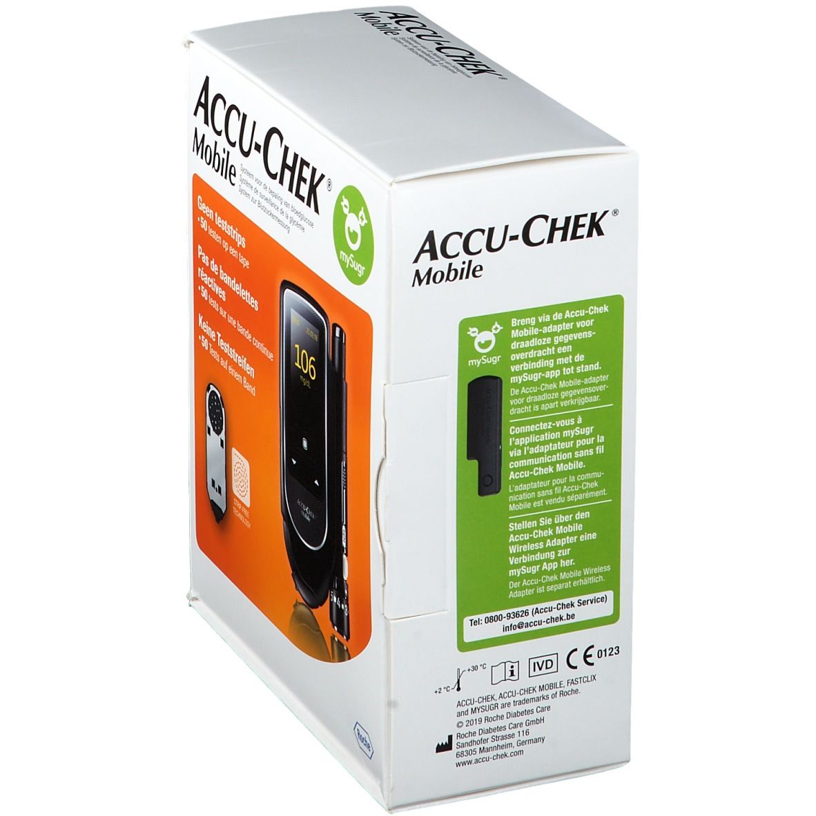 Accu-Chek Mobile doos. Achterkant met productinfo en QR-code. Bevat meter en accessoires.
