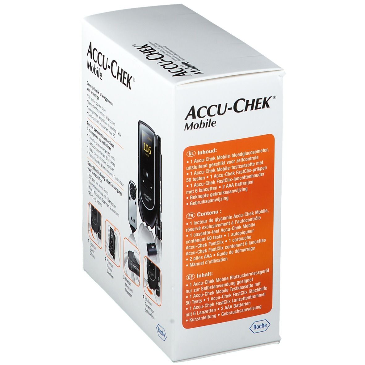 Accu-Chek Mobile doos. Zijkant met productinfo en inhoud. Bevat meter en accessoires.