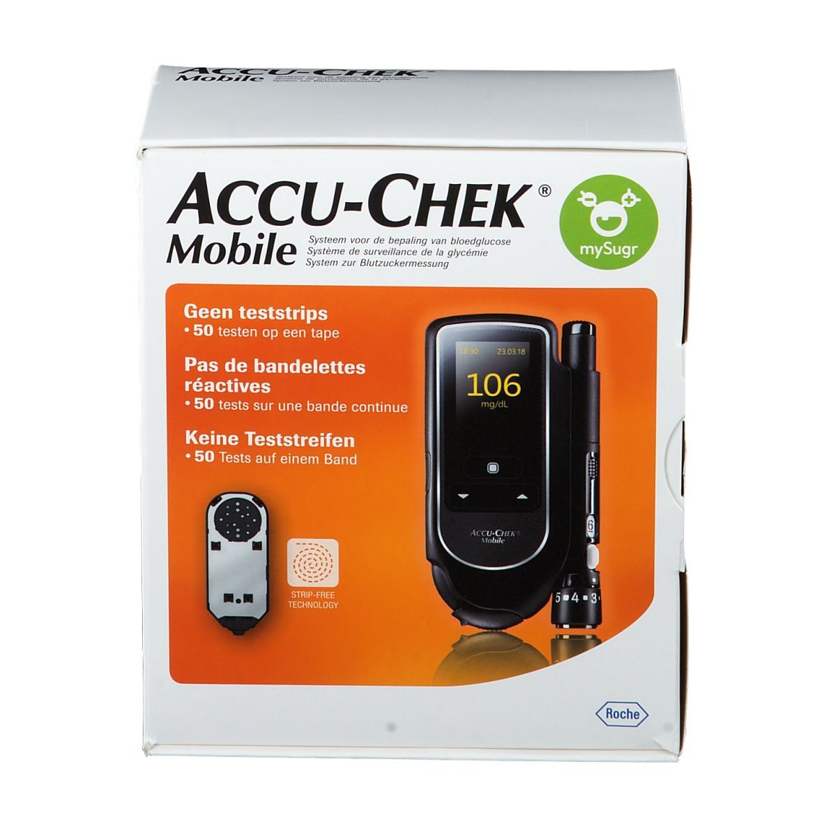 Accu-Chek Mobile startkit. Doos met bloedglucosemeter, teststrips, vingerprikker. Display: 106 mg/dl.