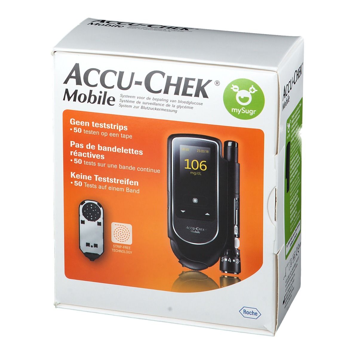 Accu-Chek Mobile startkit. Doos met bloedglucosemeter, teststrips, vingerprikker. Display: 106 mg/dl.