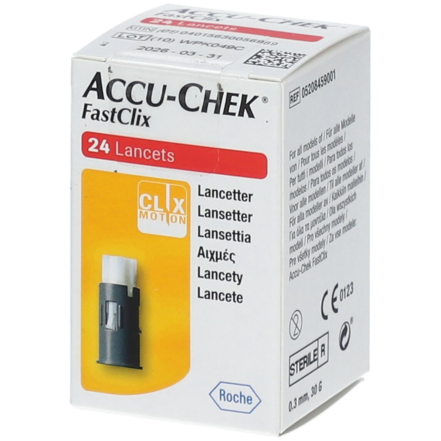 Doos Accu-Chek Fastclix. Bevat 24 lancetten. Opschriften: CLIX MOTION, Roche, CE-markering, steriel.