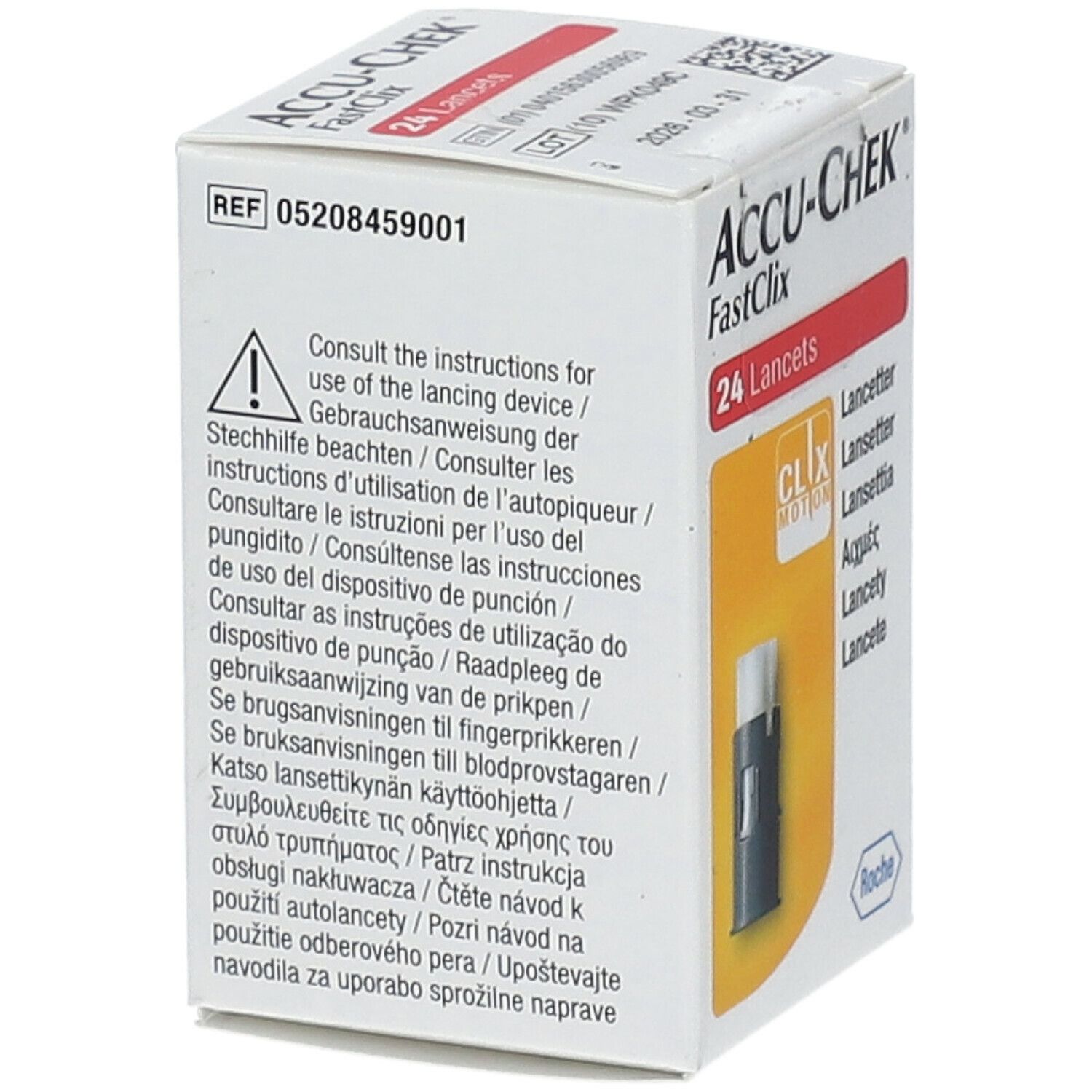 Doos Accu-Chek Fastclix. Bevat 24 lancetten. Waarschuwing. Opschriften: CLIX MOTION, Roche.