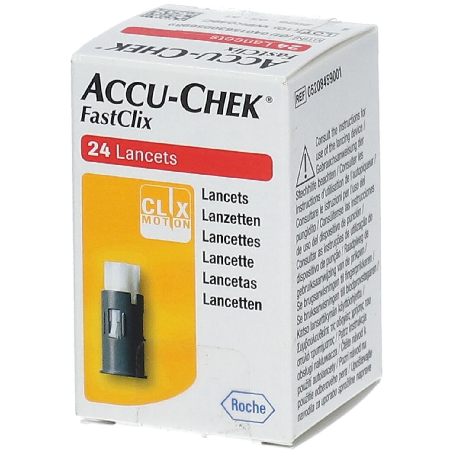 Doos Accu-Chek Fastclix. Bevat 24 lancetten. Opschriften: CLIX MOTION, Roche, CE-markering, steriel.