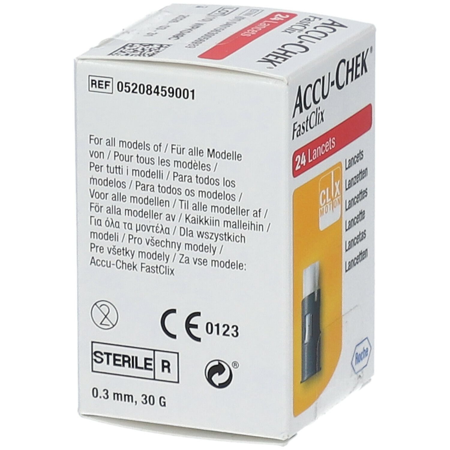 Doos Accu-Chek Fastclix. Bevat 24 lancetten. Opschriften: CLIX MOTION, Roche, CE-markering, steriel.
