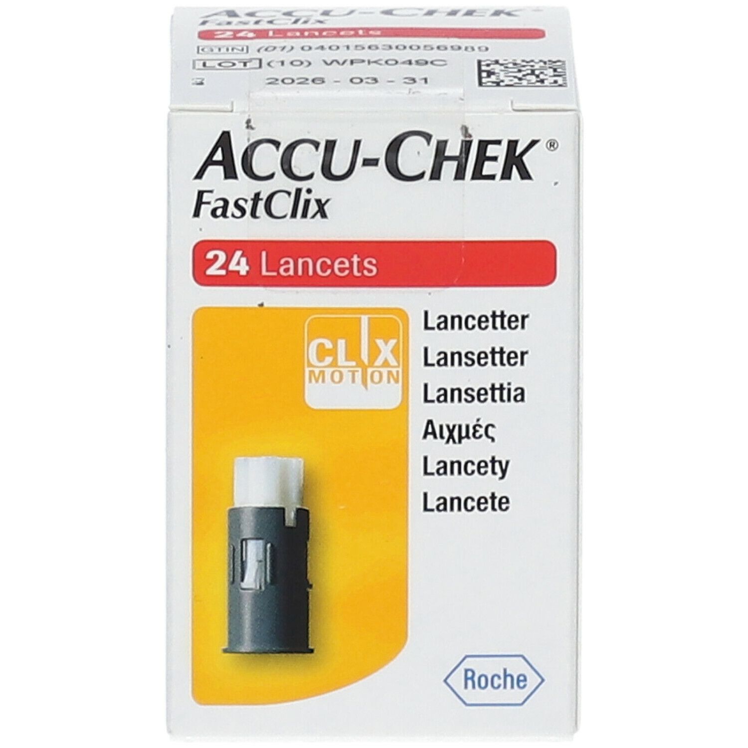 Doos Accu-Chek Fastclix. Bevat 24 lancetten. Opschriften: CLIX MOTION, Roche.
